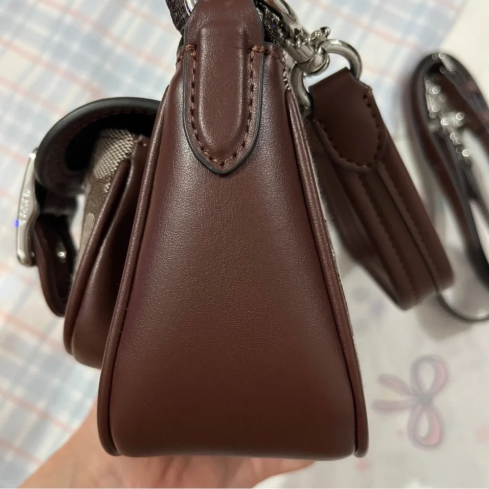 Coach Brown Signature Jacquard Crossbody Bag with Buckle Pockets